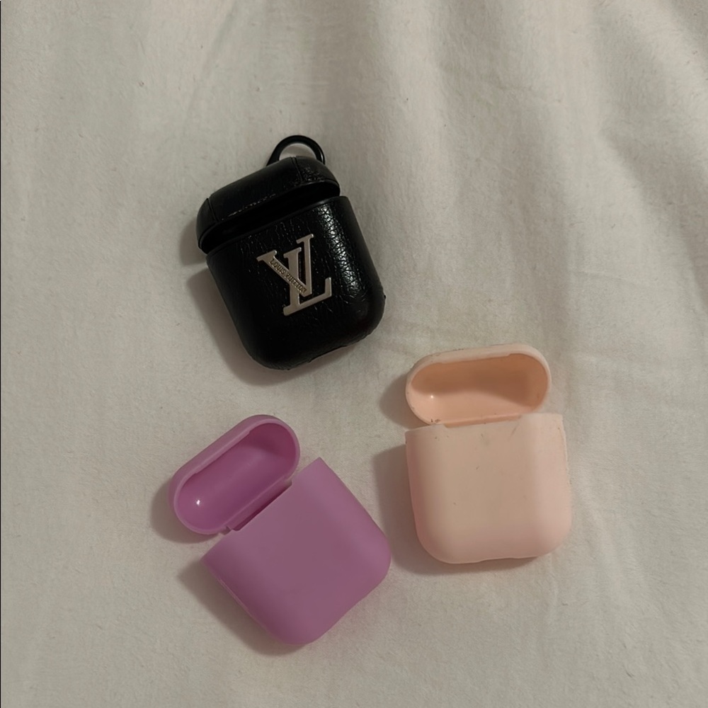 Louis Vuitton Black AirPods Case with Pink and Purple Covers